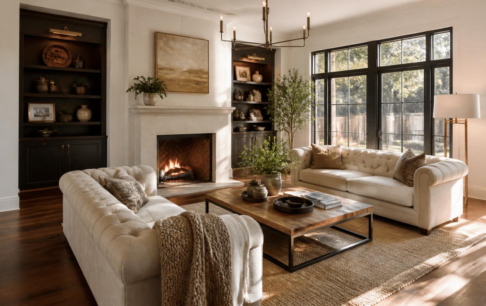 Beautifully remodeled living room with fireplace and natural light