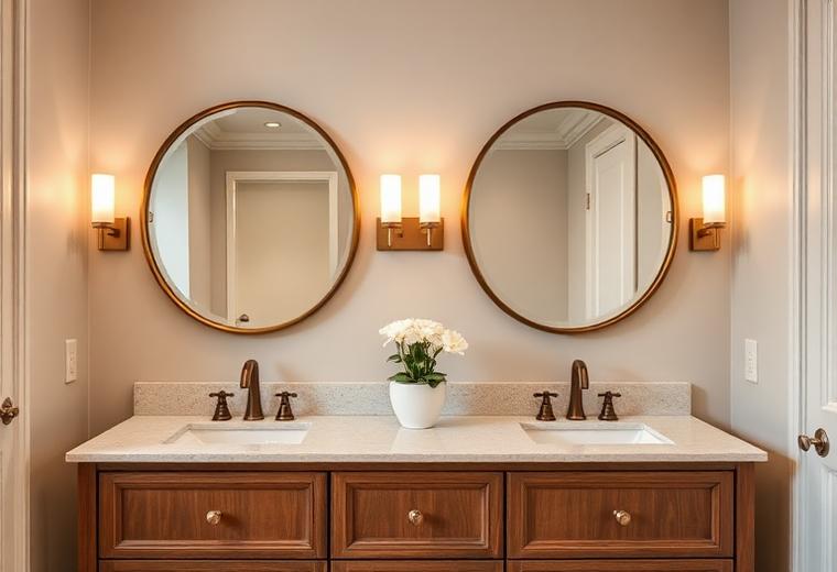 Remodeled bathroom vanity with double mirrors